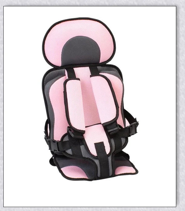 Adjustable infant car seat cushion with 5-point harness, plush padding, and foldable design for safe and comfortable travel with children