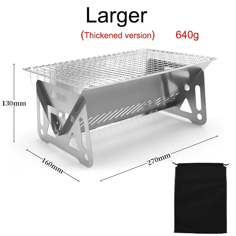 Compact stainless steel portable folding BBQ grill for outdoor cooking and camping