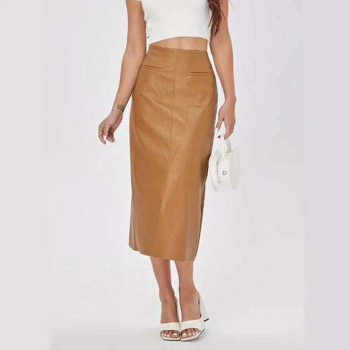 Elegant high-waist faux leather straight skirt with a sleek, flattering silhouette and mid-calf length for versatile wear