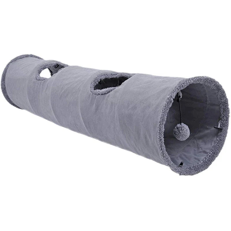 Collapsible cat tunnel made of crinkle suede with a peek hole, designed for cat play and exploration