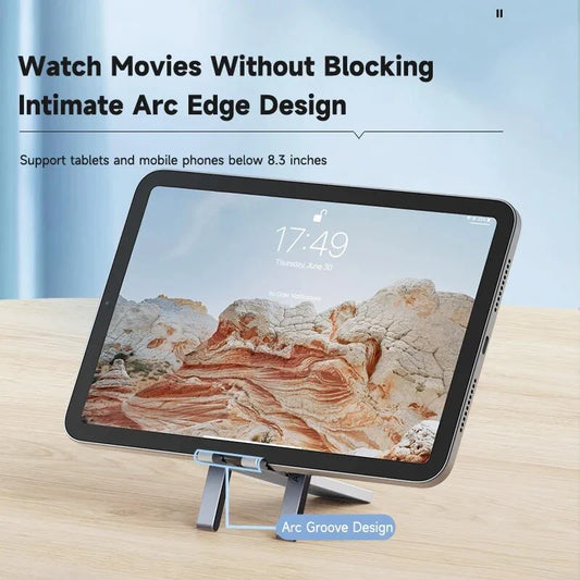 Adjustable metal phone stand in grey colour, foldable and portable for smartphones
