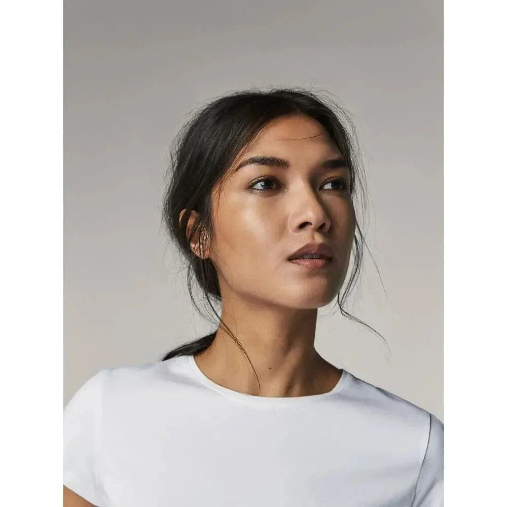 A grey, short-sleeved cotton t-shirt for women, featuring a classic round neckline and a flattering, regular fit.
