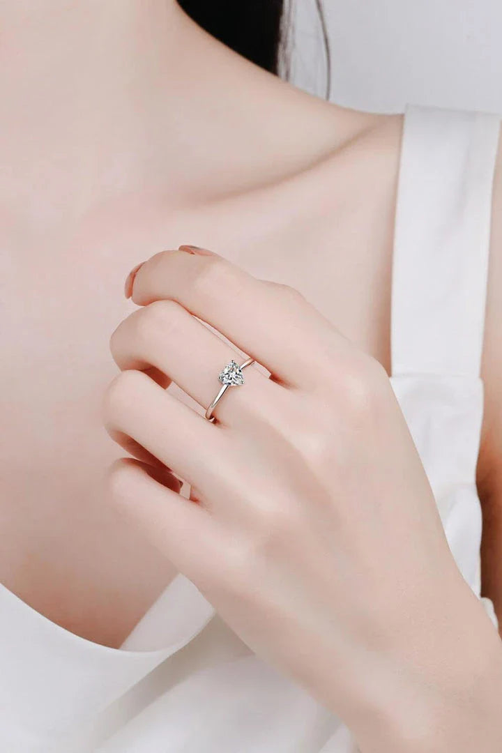 Elegant 925 sterling silver heart-shaped moissanite solitaire engagement ring with rhodium-plated finish