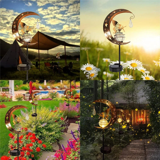 Decorative solar-powered garden light with a fairy and moon design, providing enchanting illumination for pathways, patios, and lawns.