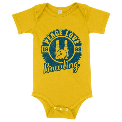 Chic baby onesie with peace and love bowling design, made of soft and flexible Airlume cotton