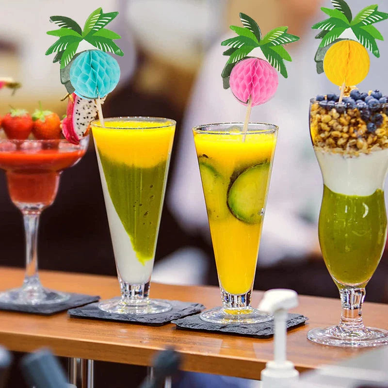 Hawaiian Luau Cocktail Picks with tropical coconut palm tree designs for vibrant party decor