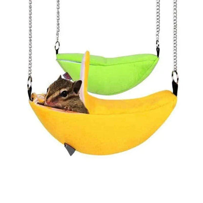 Cosy banana-shaped plush and fleece pet hammock in various vibrant colours for small animals like cats and rabbits