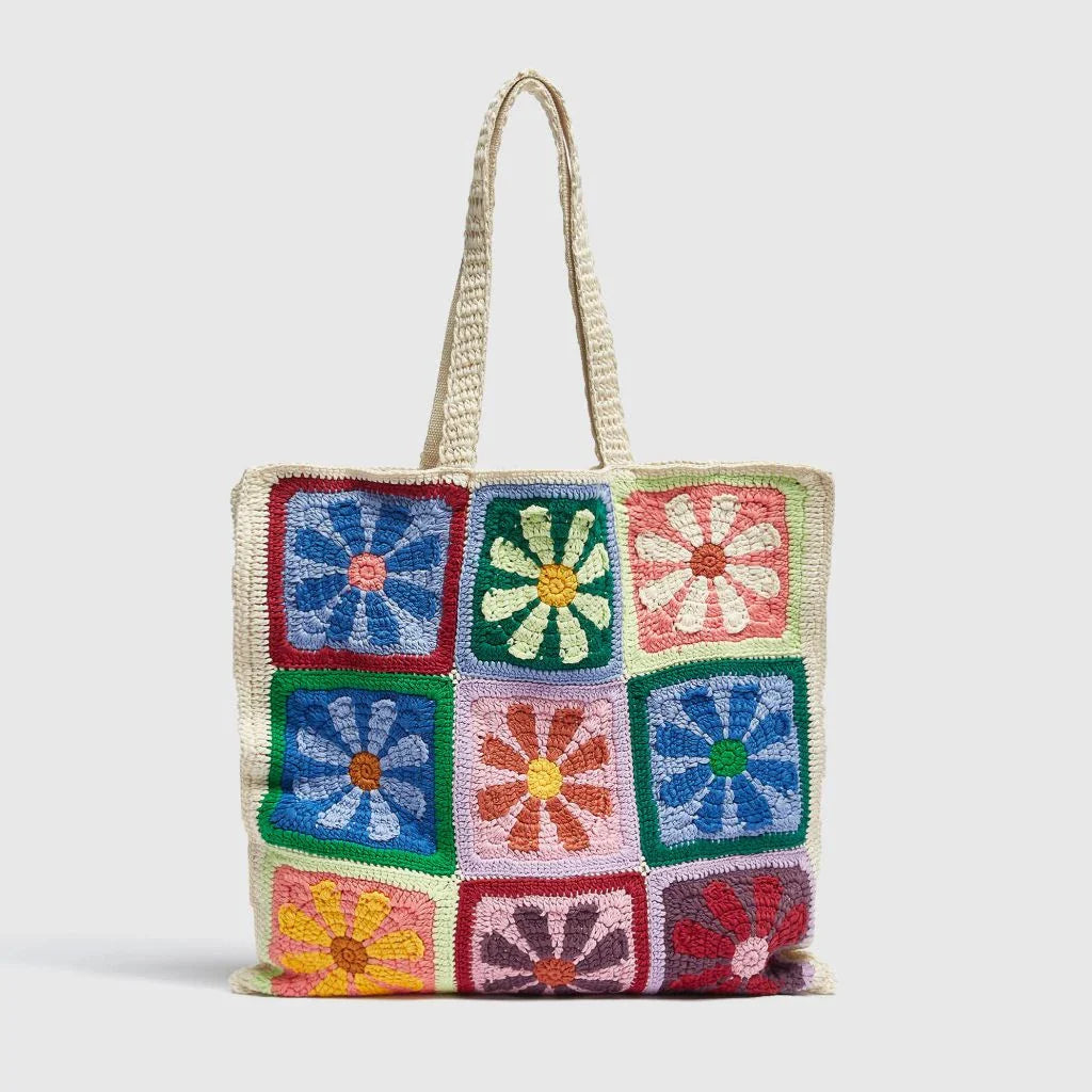 Elegant floral crochet shoulder bag in neutral and colourful designs, perfect for summer style and adventures