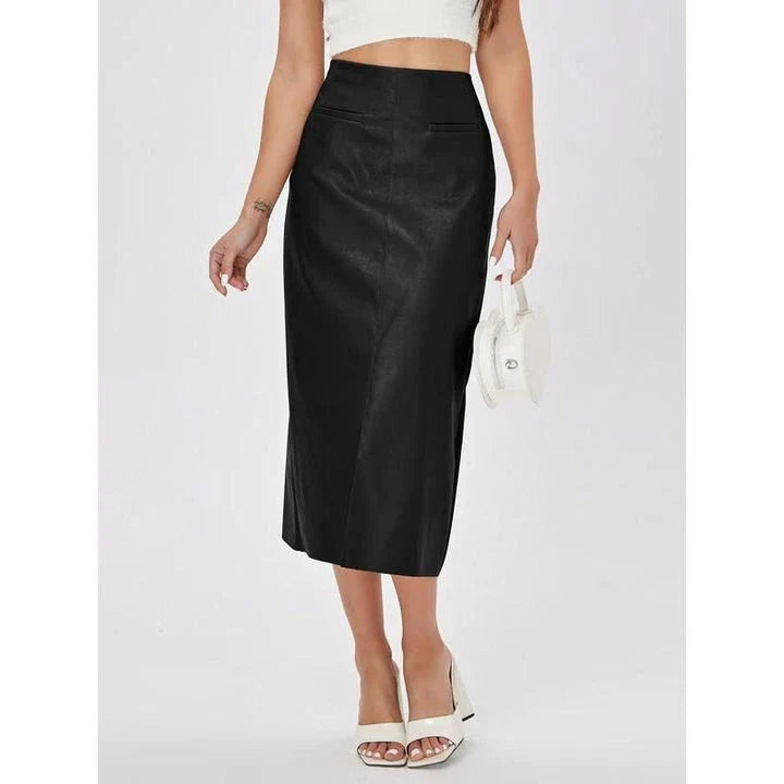 Elegant high-waist faux leather straight skirt with a sleek, flattering silhouette and mid-calf length for versatile wear