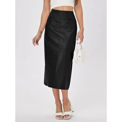 Elegant high-waist faux leather straight skirt with a sleek, flattering silhouette and mid-calf length for versatile wear