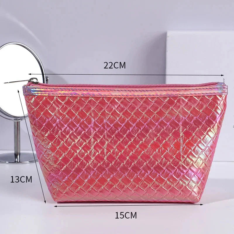 Large leather travel cosmetic bag with stylish paillette pattern, perfect for organising makeup and toiletries on the go