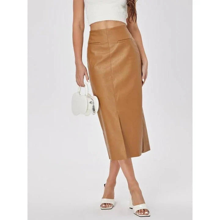 Elegant high-waist faux leather straight skirt with a sleek, flattering silhouette and mid-calf length for versatile wear