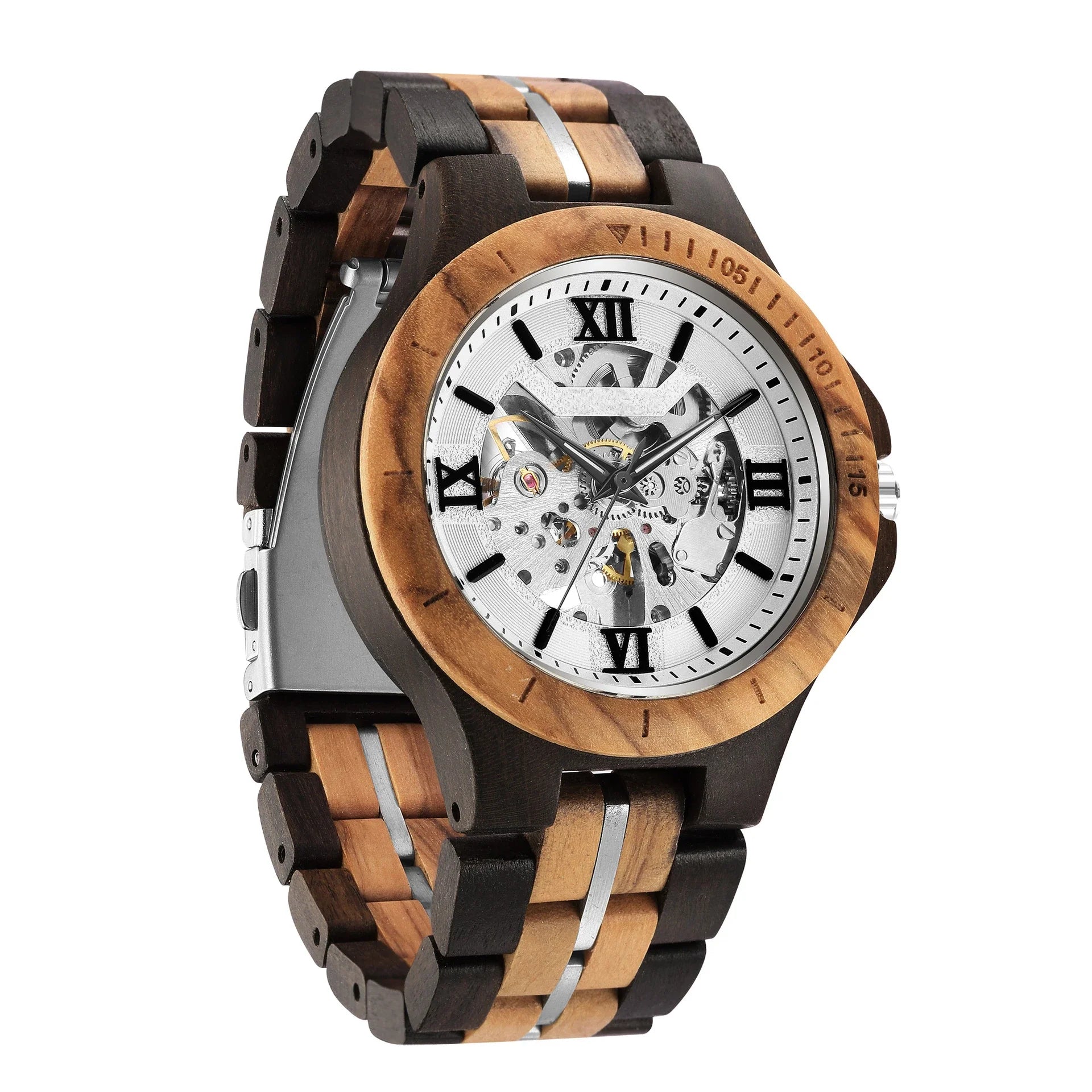 Elegant mechanical watch with wood strap, stainless steel buckle, and pointer display, showcasing British craftsmanship and precision timekeeping.