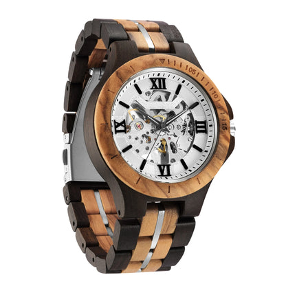 Elegant mechanical watch with wood strap, stainless steel buckle, and pointer display, showcasing British craftsmanship and precision timekeeping.