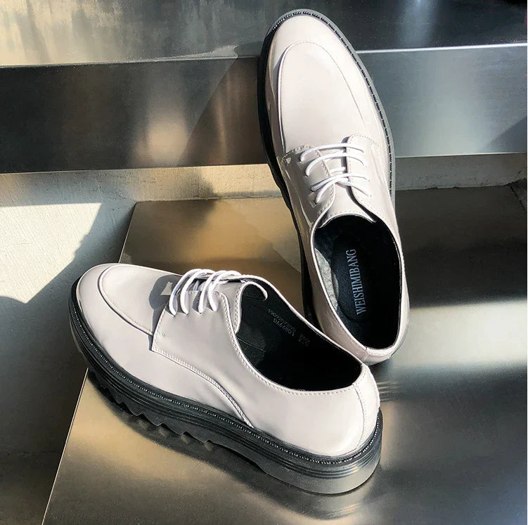 Premium microfiber leather casual shoes with thick rubber sole, low-top design, and striking Korean-inspired details
