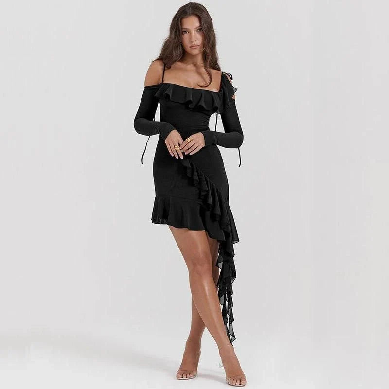 Elegant spaghetti strap backless ruffle mini dress in blue colour for women