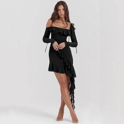 Elegant spaghetti strap backless ruffle mini dress in blue colour for women