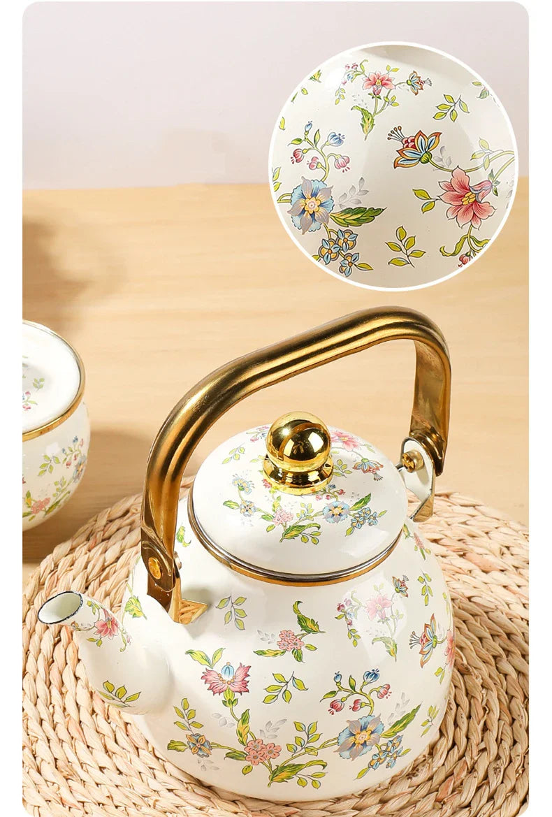 Elegant enamel outdoor kettle with a 1200 ml capacity, designed for brewing tea in style