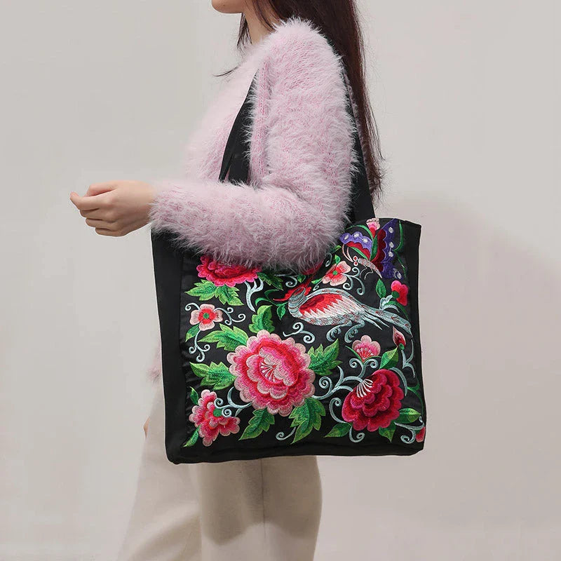 Elegant British Phoenix Embroidered Canvas Shoulder Bag for Women - Timeless Elegance and Cultural Heritage