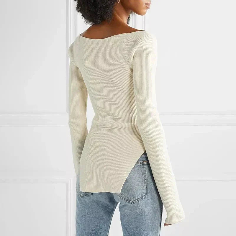Elegant white knit jumper with side split and square neckline, perfect for casual and formal wear