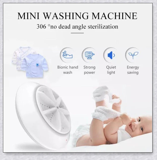 Compact and portable mini washing machine with powerful 18W motor, energy-efficient design, and ultrasonic sterilization for deep cleaning in small spaces