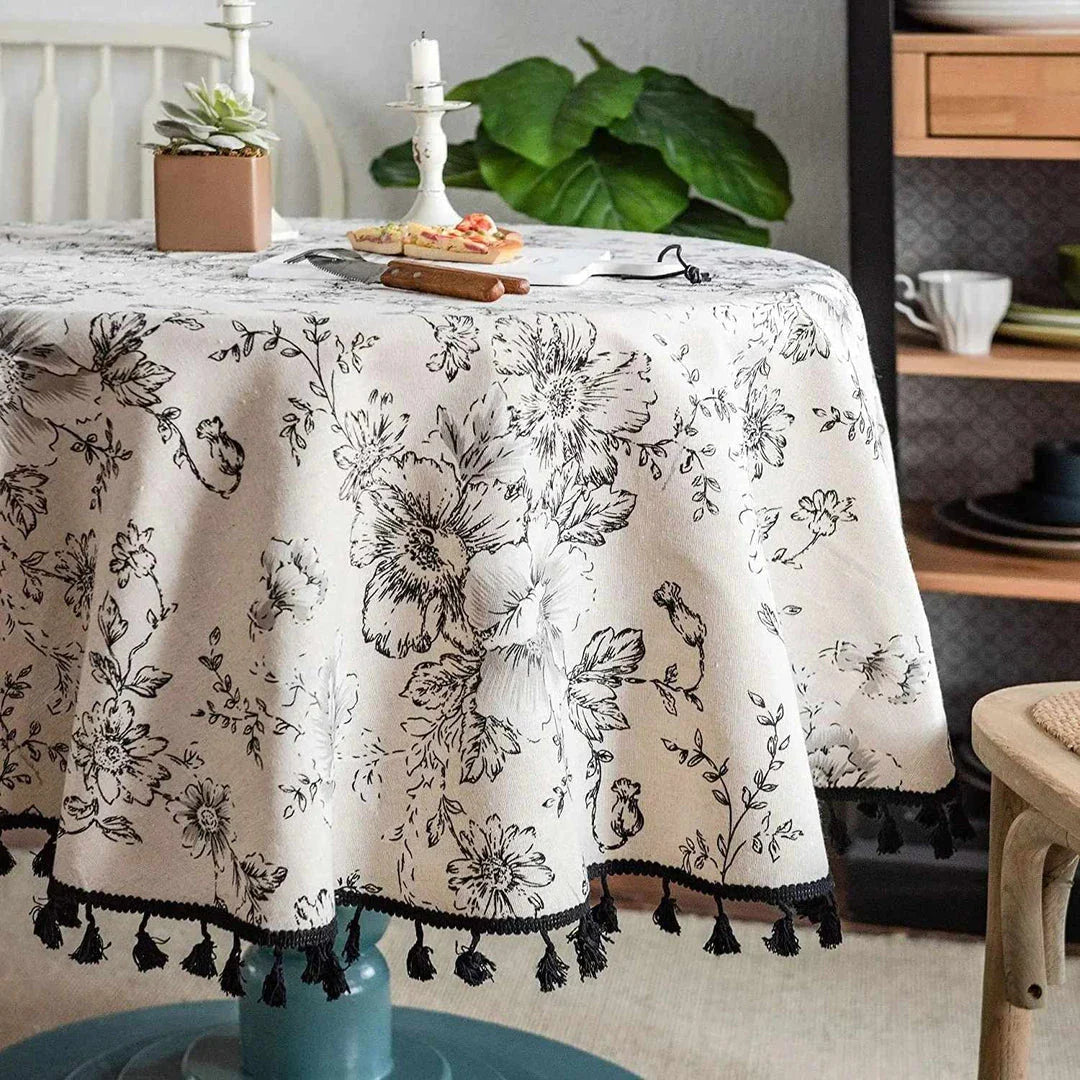 Elegant floral cotton linen round tablecloth with charming tassels, perfect for dining and home decor in the UK