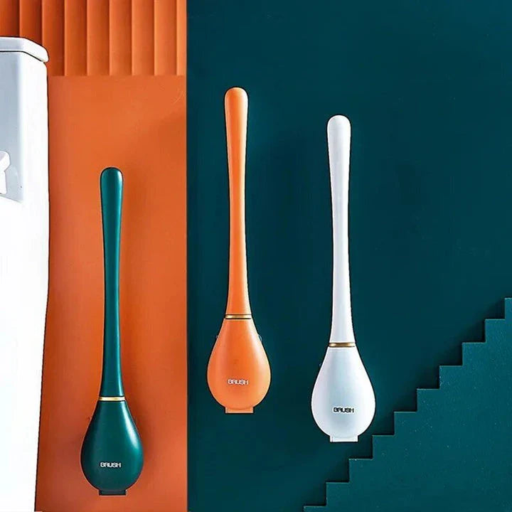 A modern long-handled silicone toilet brush with a sleek wall-mounted holder, perfect for efficient and hygienic bathroom cleaning.