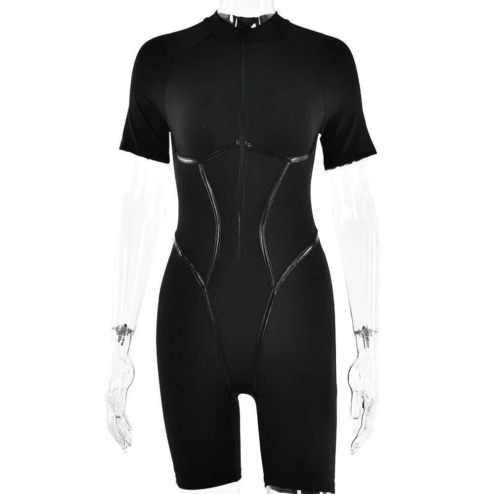 A high-quality polyester jumpsuit with a striped pattern and a zipper detail, perfect for autumn fashion.