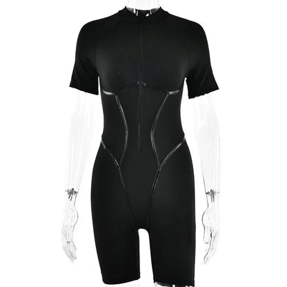 A high-quality polyester jumpsuit with a striped pattern and a zipper detail, perfect for autumn fashion.