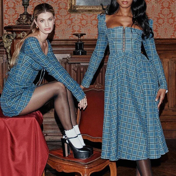 Elegant plaid A-line midi dress with square collar, backless design, and empire waistline