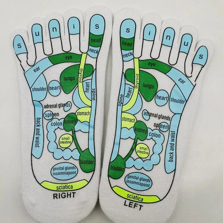 Premium acupressure massage reflexology socks in white with clear English illustrations for targeting pressure points