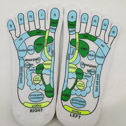 Premium acupressure massage reflexology socks in white with clear English illustrations for targeting pressure points