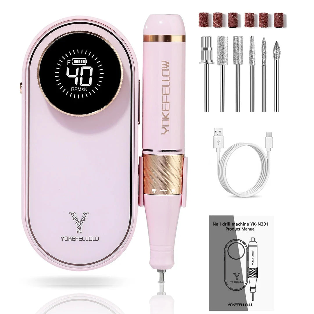 Cordless electric nail drill with 40,000 RPM motor, rechargeable battery, and HD display for professional-quality nail care