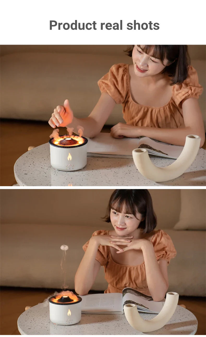 Elegant ultrasonic essential oil humidifier with flame and jellyfish-inspired lighting effects for relaxing ambiance