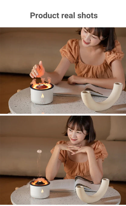 Elegant ultrasonic essential oil humidifier with flame and jellyfish-inspired lighting effects for relaxing ambiance