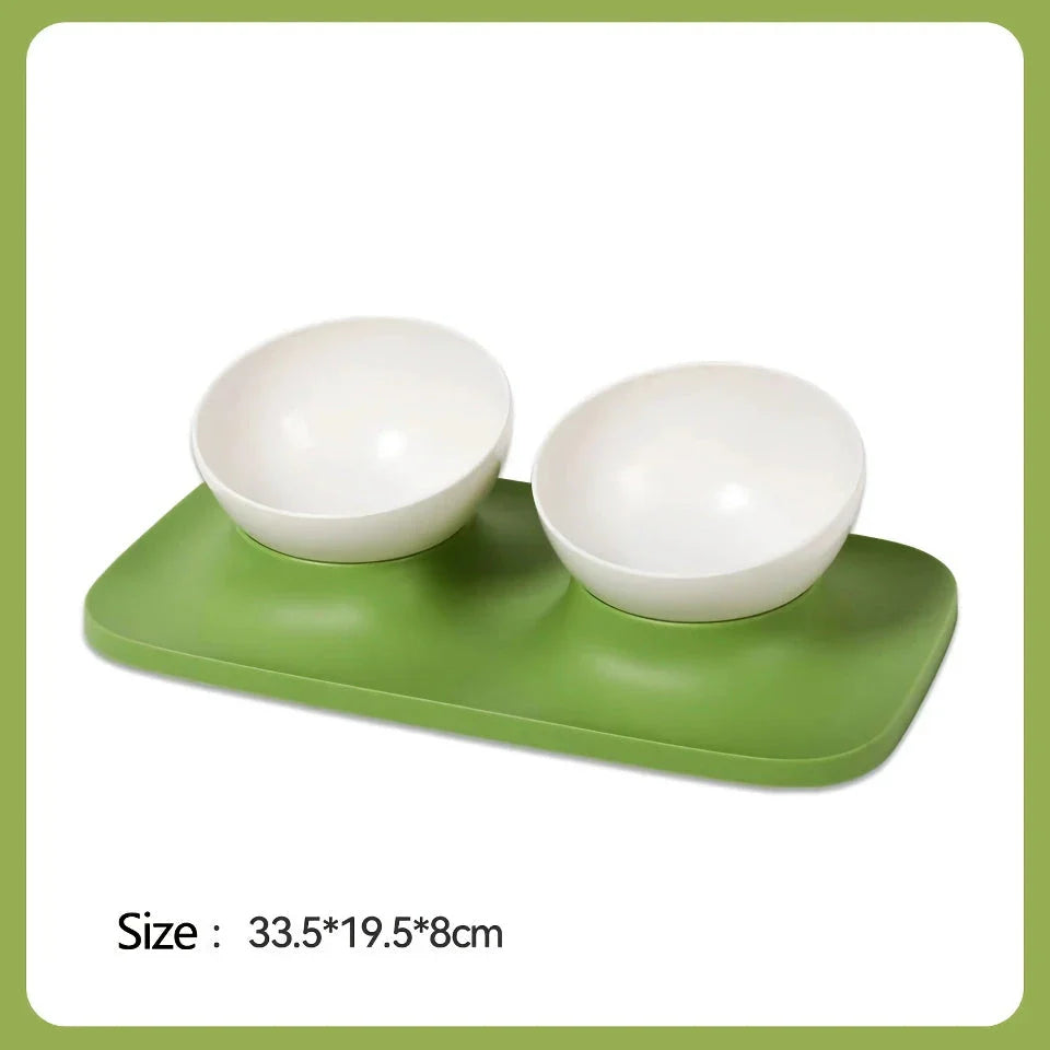 Adjustable anti-spill double bowl feeding station with neck guard for cats and dogs