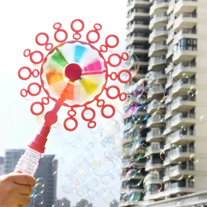 Colourful and durable bubble-blowing windmill wand for enchanting outdoor fun