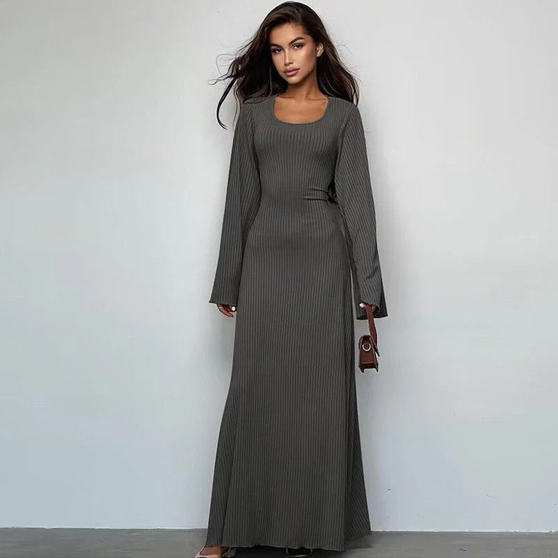 Elegant U-neck dress with lace-up back and flowing bell sleeves in a variety of sophisticated colours