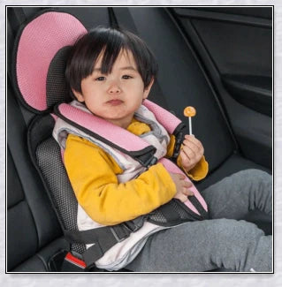 Adjustable infant car seat cushion with 5-point harness, plush padding, and foldable design for safe and comfortable travel with children