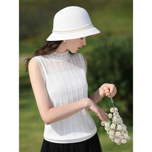 Elegant lace mullet tank top with high collar, perfect for women's spring and summer fashion