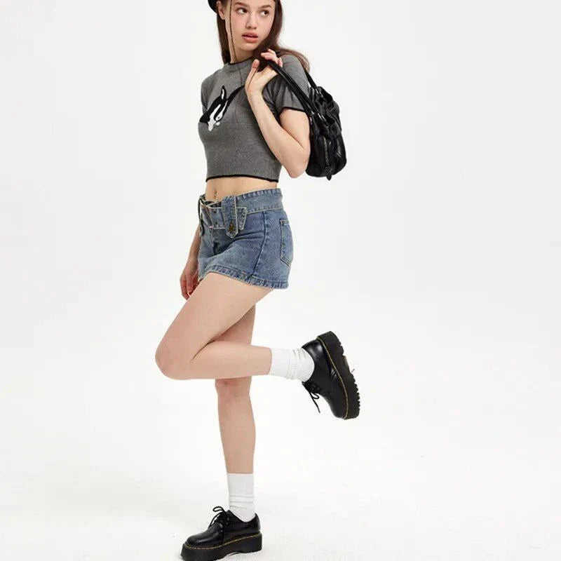 Charming Rabbit Cartoon Short Sleeve Knitted Top in Grey