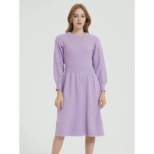 Elegant long sleeve knitted sweater dress in red with a classic A-line silhouette and mid-calf length