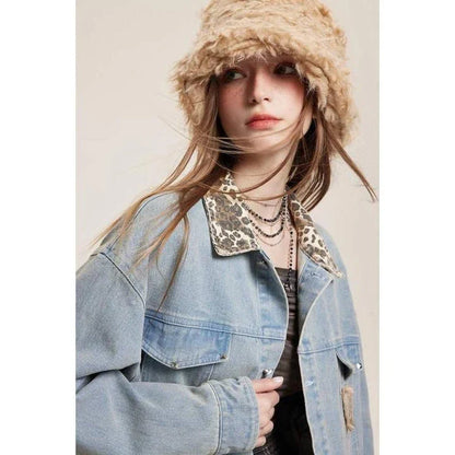 Stylish leopard-print denim jacket with a patchwork design, perfect for versatile fashion.