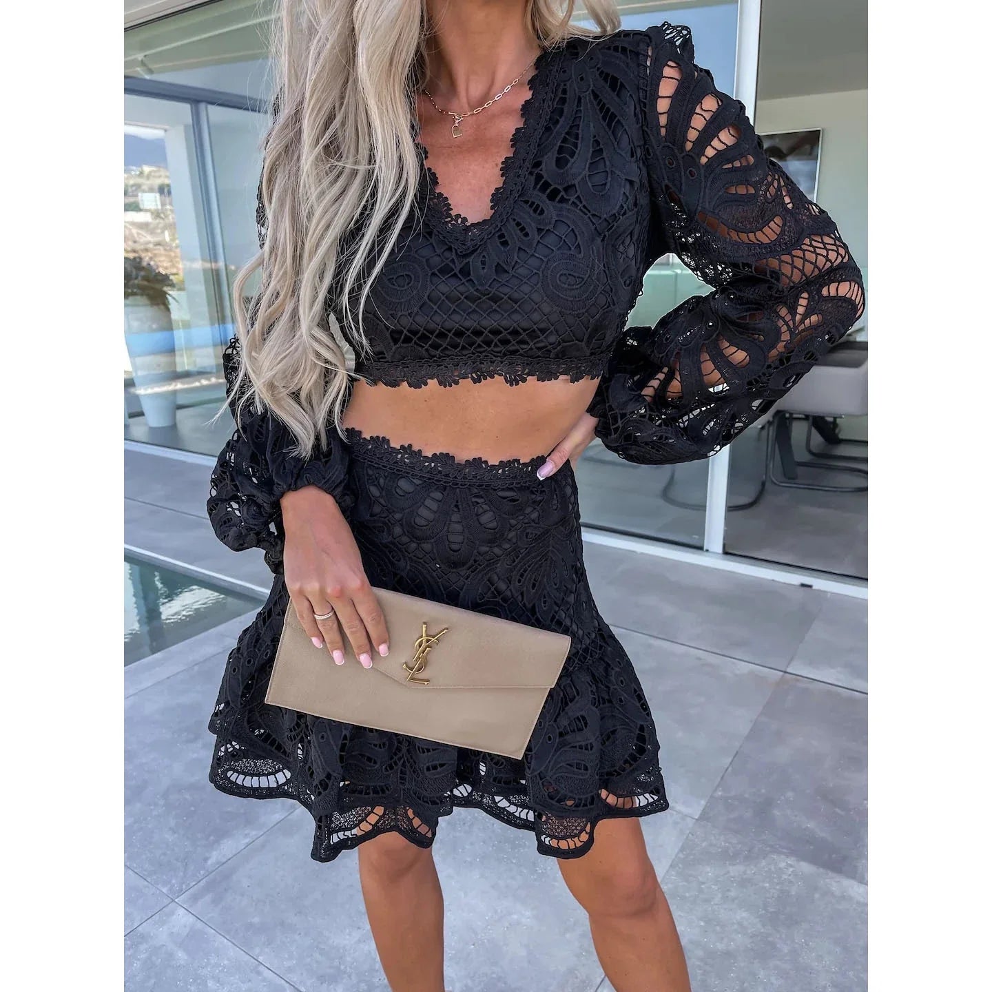Elegant long sleeve lace suit with lantern sleeves, available in white and black colours