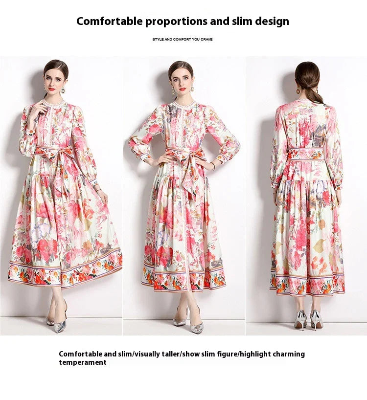 Elegant floral single-breasted swing dress with delicate print, tailored design, and flowing silhouette