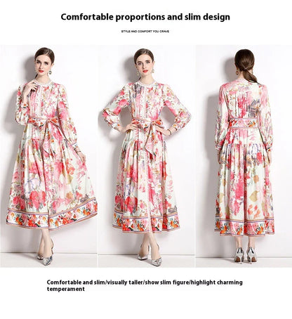 Elegant floral single-breasted swing dress with delicate print, tailored design, and flowing silhouette