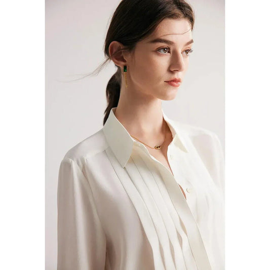 Elegant white mulberry silk office blouse with classic turn-down collar and straight, regular fit for a flattering silhouette