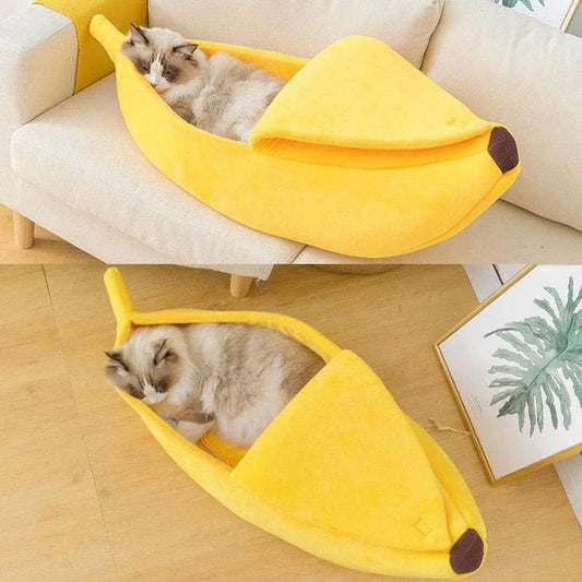 A cosy, banana-shaped cat bed made of plush, supportive materials in various vibrant colours to provide a comfortable and stylish retreat for feline friends.