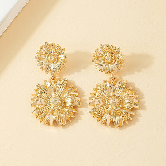 Golden Chrysanthemum Flower Drop Earrings for Women - Elegant Party Dangle Jewellery
