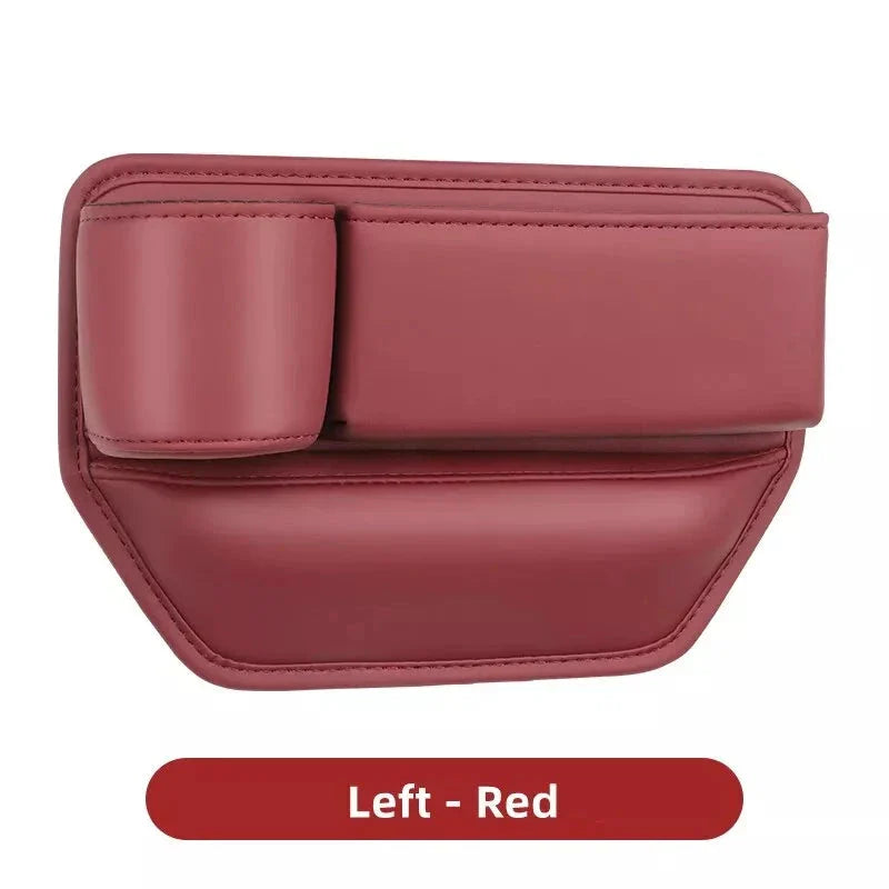 Leather Car Seat Gap Organiser with multiple storage compartments and cup holder, designed for easy installation and a sleek look in your vehicle.